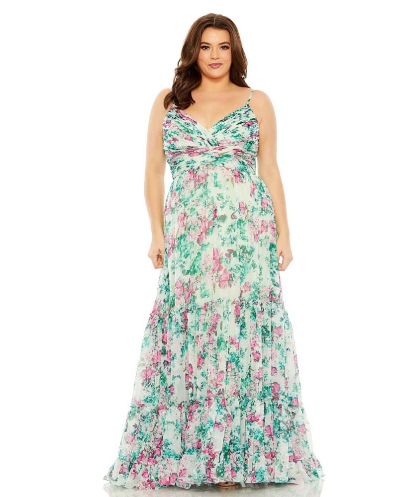 Front of a model wearing a size 14W Floral Printed Tiered Ruched Gown in Green Multi by Mac Duggal. | dia_product_style_image_id:289888